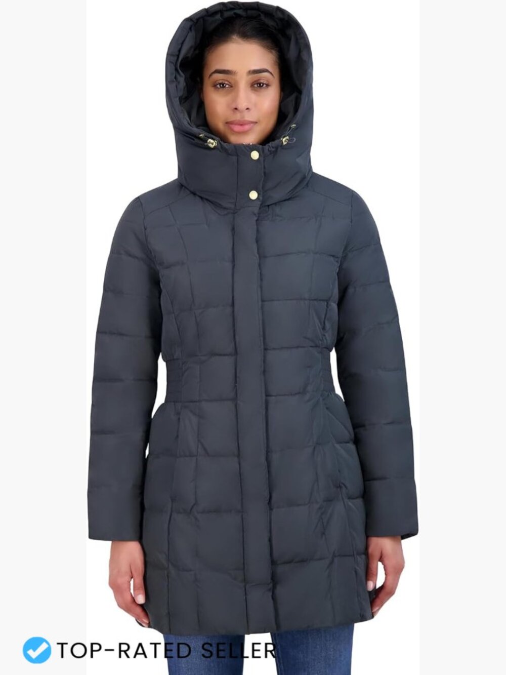 Quilted Down Coat Hooded Zip Front Elastic Waist Winter Puffer Jacket Chic
